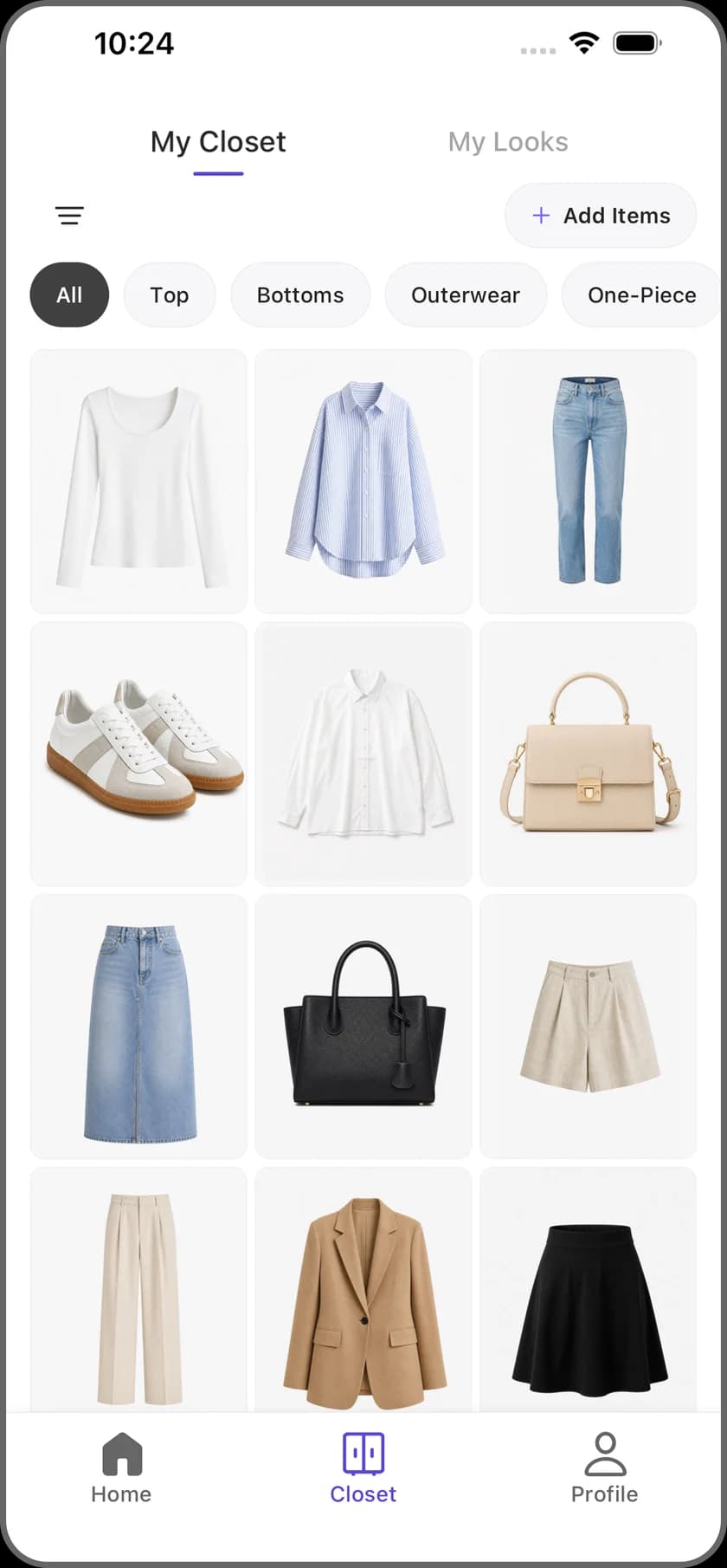 OutfitMuse’s My Closet interface with category filters, Add Items, and a grid of tops, bottoms, shoes, and bags.