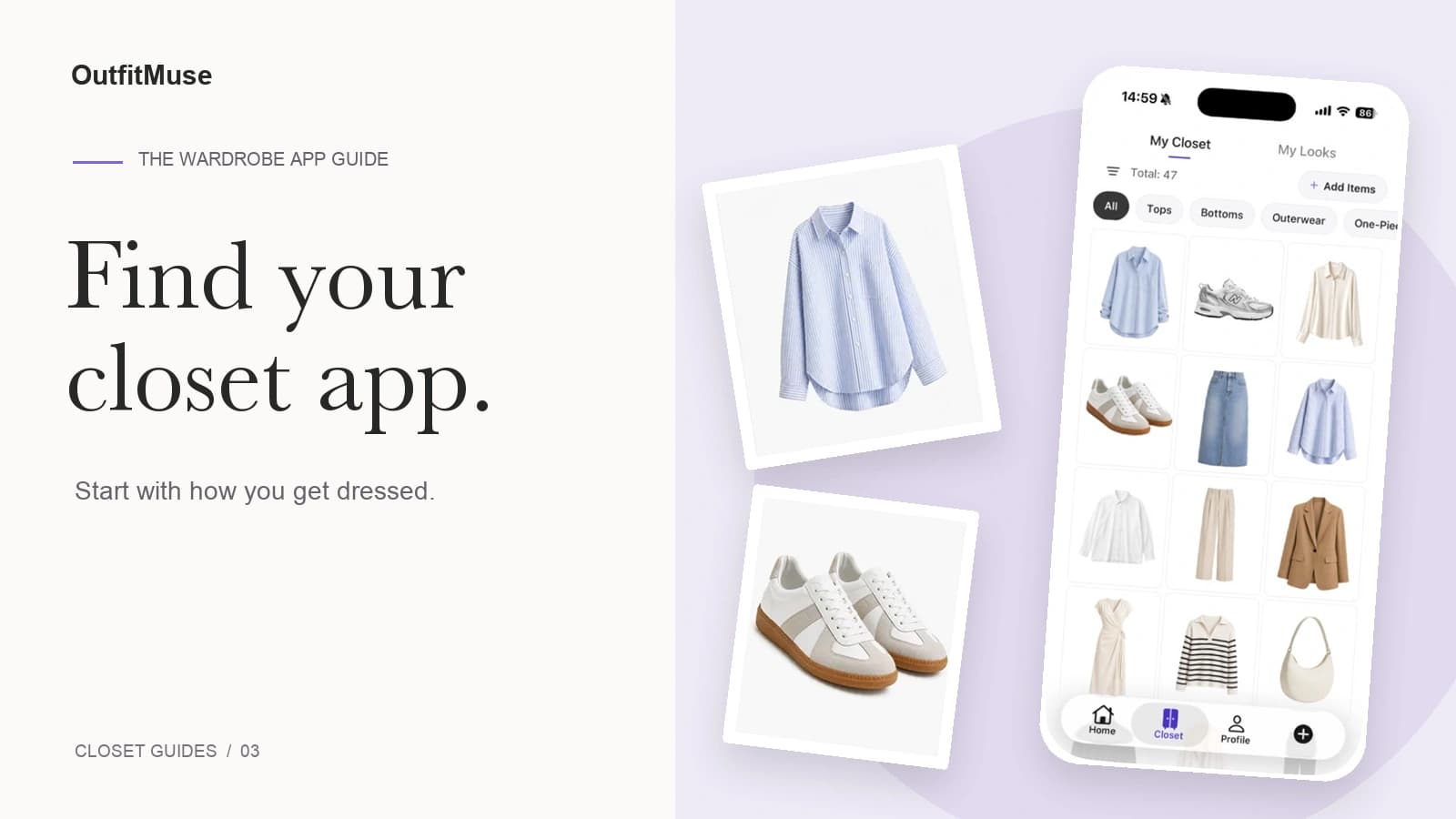 Editorial collage with clothing images and an actual OutfitMuse My Closet screenshot beside the title Find your closet app.