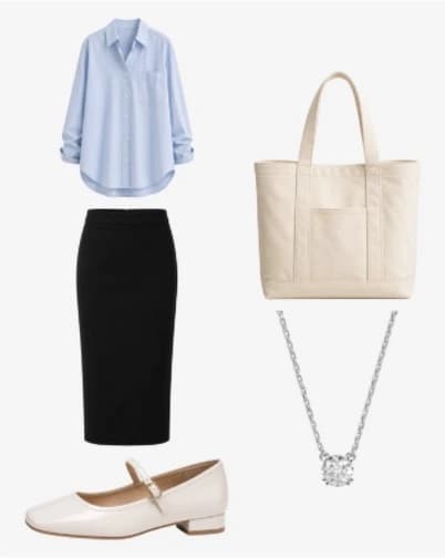 Light-blue shirt with a black skirt, cream flats, a cream tote, and a necklace.
