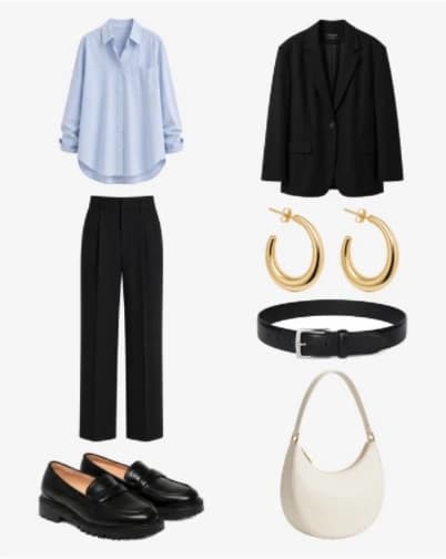 Light-blue shirt with a black blazer and pants, black loafers and belt, hoop earrings, and a cream bag.