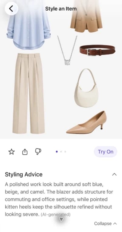 The Style an Item result page showing the blue shirt with beige pants and a camel blazer, with its AI-generated Styling Advice expanded.